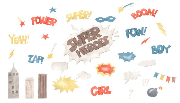 Watercolor super heroes elements illustration for kids