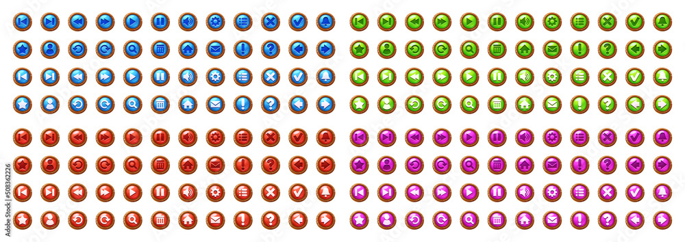 Poster circle web buttons with wooden frame and icons. vector cartoon set of blue, green, red and pink ui e