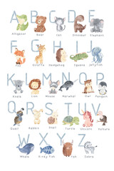 ABC alphabet with animals for boys. Watercolor illustration for kids