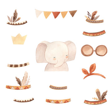 Watercolor elephant with boho accessories, illustration for kids