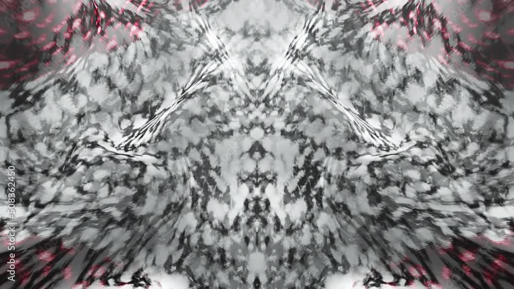 Poster abstract grunge symmetric black and white alien pattern fluid flow transition background. 4k visual 