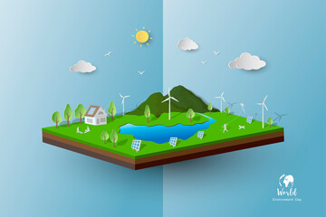 Eco friendly and green energy with house,solar panels and wind turbines,family happy and relax with green nature on isometric landscape background
