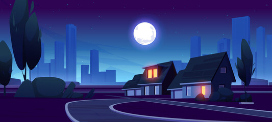 Night suburb district with houses, road and city buildings on skyline in dusk. Vector cartoon illustration of landscape of suburban street with cottages, trees, bushes and full moon - obrazy, fototapety, plakaty