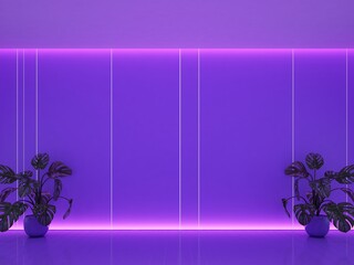 Cyber interior and violet background with copy space and plants. Violet color mood tone and light. 3d rendering