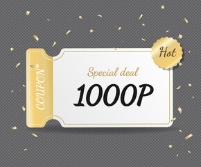 The market will give you a special 1,000 point discount gold luxury coupon illustration set. party, gold, decorate, holiday, event.Vector drawing. Hand drawn style.