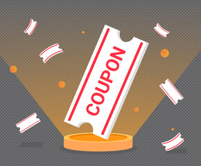 Coupons with great benefits will appear on the stage illustration set. ticket, gift voucher, confetti, paper. Vector drawing. Hand drawn style.