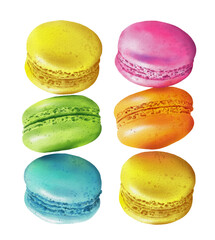 Set of digital watercolor painting of colorful Macarons, with clipping path.