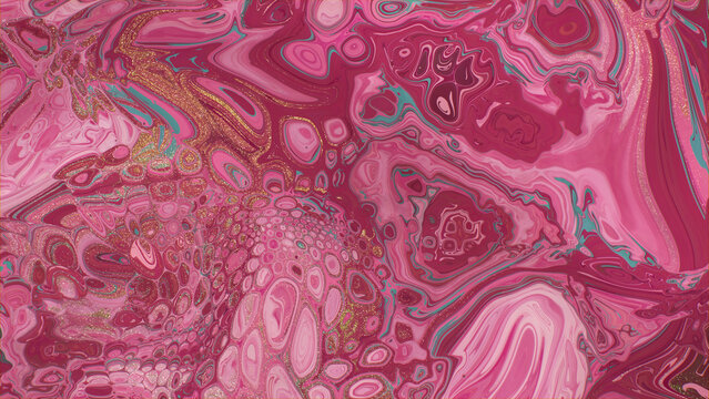 Liquid Swirls in Beautiful Pink and Magenta colors, with Gold Glitter. Modern Design Background.