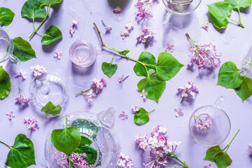 Teatime lilac flat lay, pastel colors, spring theme