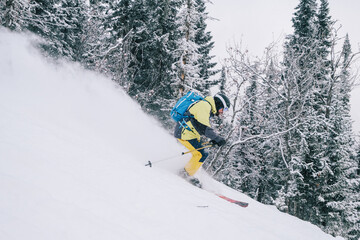 man goes down the slope on mountain skis in winter forest trees covered with snow