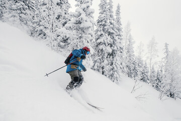 Skier moving in snow powder in forest on steep slope of  ski resort. Freeride, winter sports outdoor
