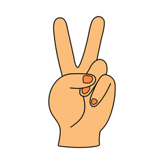 Hand with two fingers up in peace or victory symbol. Sign for V letter in sign language. Scissors gesture. Vector illustration isolated on white background. Hippie vintage sticker