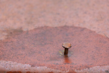 Rusty nail head with rust covered table top
