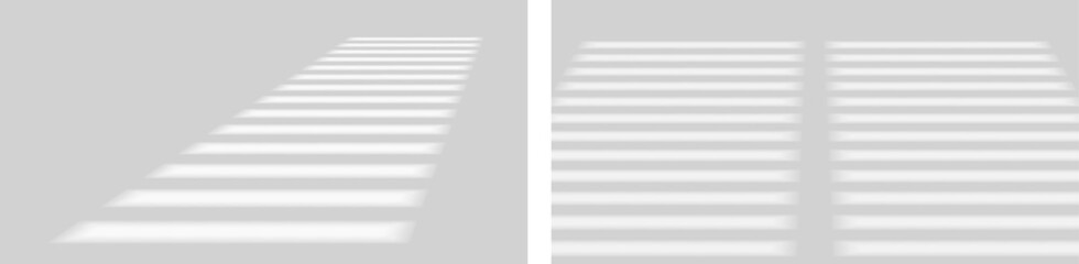 Obraz premium Set of shadow soft overlay effects transparent on empty wall. Mock-ups of Soft light, shadow from window and jalouse. Window drop shadow on wall. Scenes of natural lighting. Photorealistic reflection