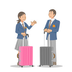 スーツケースを持って旅行へ行く学生たち