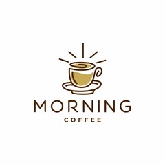 morning coffee cafe logo. coffee sunrise sunset tea morning line outline logo with mug and cup also sun hipster logo icon design for cafe , restaurant cafetaria illustration
