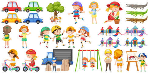 Set of cute kids and objects