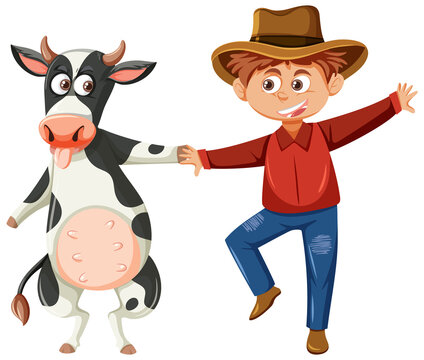 Farmer boy and cow cartoon character