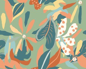 Fototapeta na wymiar Leaves Seamless Pattern Abstract Modern Style. Floral Pattern with Abstract Tropical Leaves for Wedding, Anniversary, Birthday and Party. Botanical Modern Abstract Print Design. Vector EPS 10
