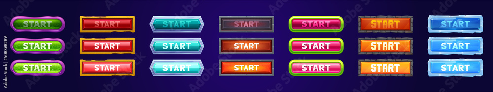 Poster start buttons with different textures for game menu interface. vector cartoon set of active, normal 