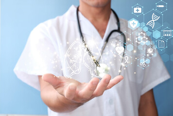 Doctor holding virtual Lungs in hand. Handrawn human organ, Healthcare hospital service concept,...