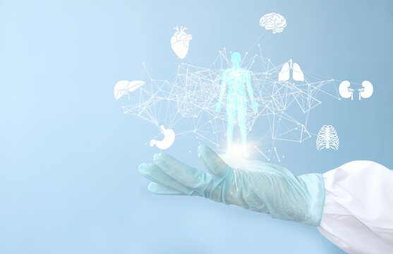 Doctor of medicine holds a hologram virtual interface electronic medical record. DNA. Digital healthcare network connection medical technology analysis, innovative and futuristic