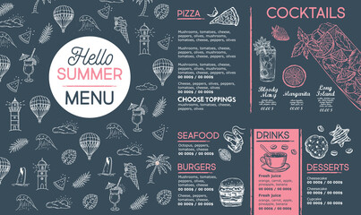 Summer menu, template design. Food flyer. Hand-drawn style. Vector illustration