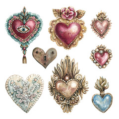 Watercolor illustration set of hearts in vintage style. Hearts with embroidery, precious stones, traditional Mexican hearts. Collection of hand-drawn hearts isolated on a white background.