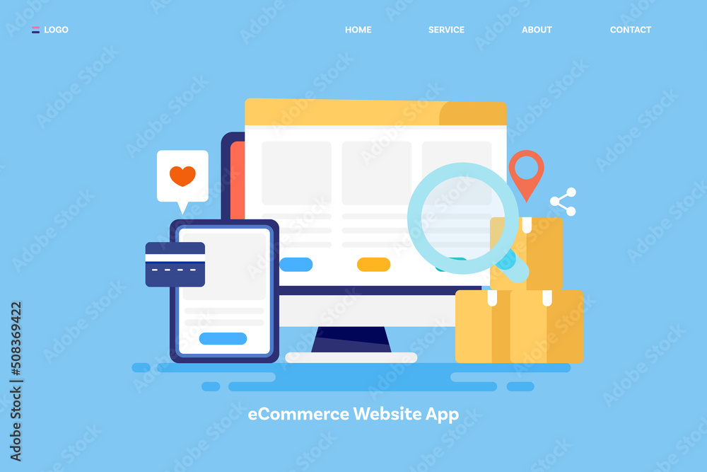 Poster ecommerce website on computer screen, shopping app on mobile screen with credit card, online deliver