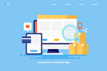 Ecommerce website on computer screen, shopping app on mobile screen with credit card, online delivery service conceptual web banner.