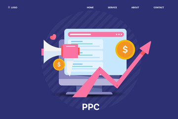 PPC - Pay per click, paid media advertising increasing website traffic instantly, generating more revenue and high click rate conversion, landing page concept. - obrazy, fototapety, plakaty