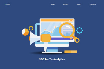 Increase website visitors with SEO analytics software, web traffic monitoring, data report on screen, displaying information conceptual web banner template. - obrazy, fototapety, plakaty