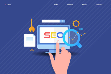 Search engine optimization - hand touching SEO text on screen. Digital marketing and SEO agency concept, web banner.