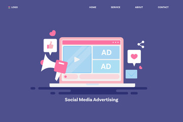 Social media advertising - video ads on internet, marketing communication online business technology concept, web banner template. 