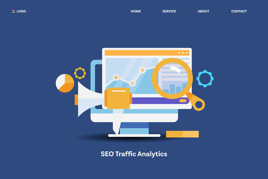 Increase website visitors with SEO analytics software, web traffic monitoring, data report on screen, displaying information conceptual web banner template.