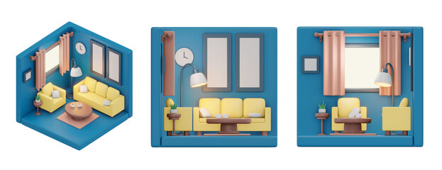 3D rendering of isometric and elevation of cute minimal living room with furniture sofa couch lamp coffee table plant and photo frame decoration isolate on white. 3D render cartoon.
