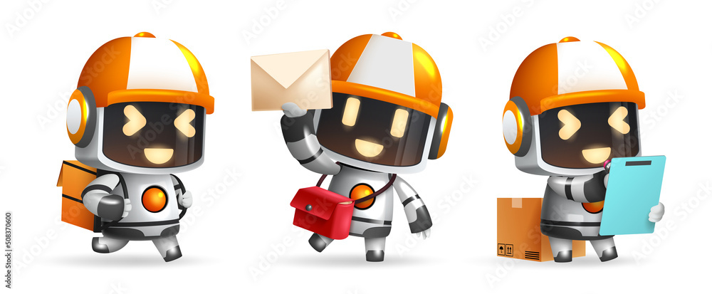 Poster robotic assistant characters vector set. robots ai characters holding bags, mail and checklist for f