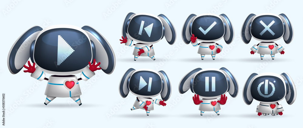 Poster robots kawaii character vector set. robotic animal characters with button icon faces and gestures fo