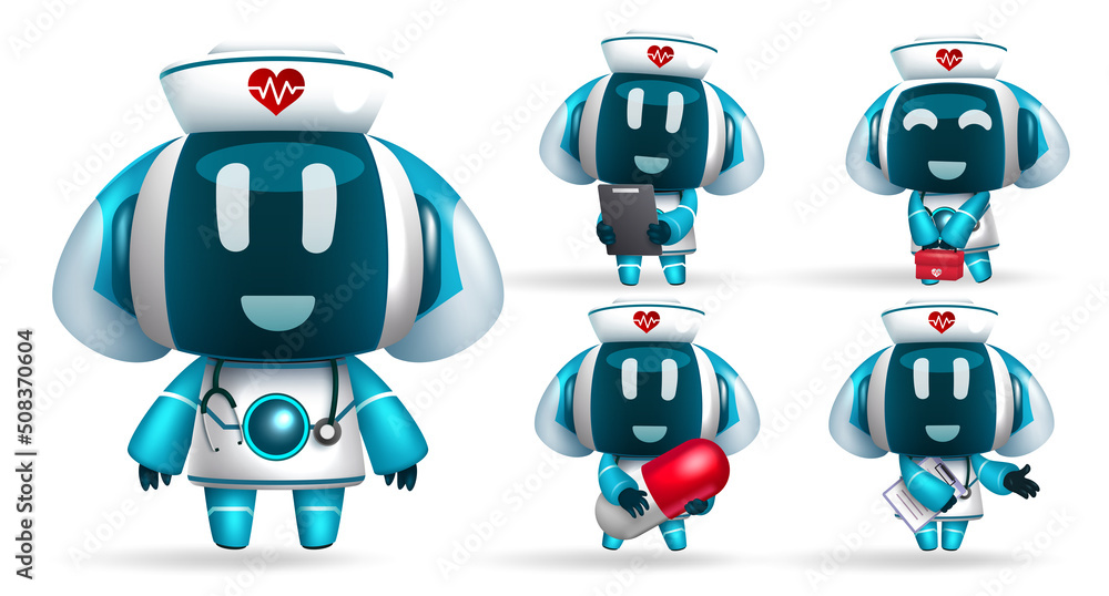Poster robot nurse characters vector set. robotic animal characters in friendly faces and uniform isolated 