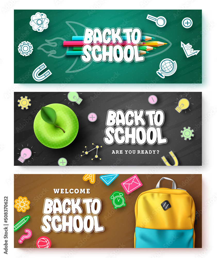 Poster back to school vector banner set design. back to school text in colorful icon decoration with learni