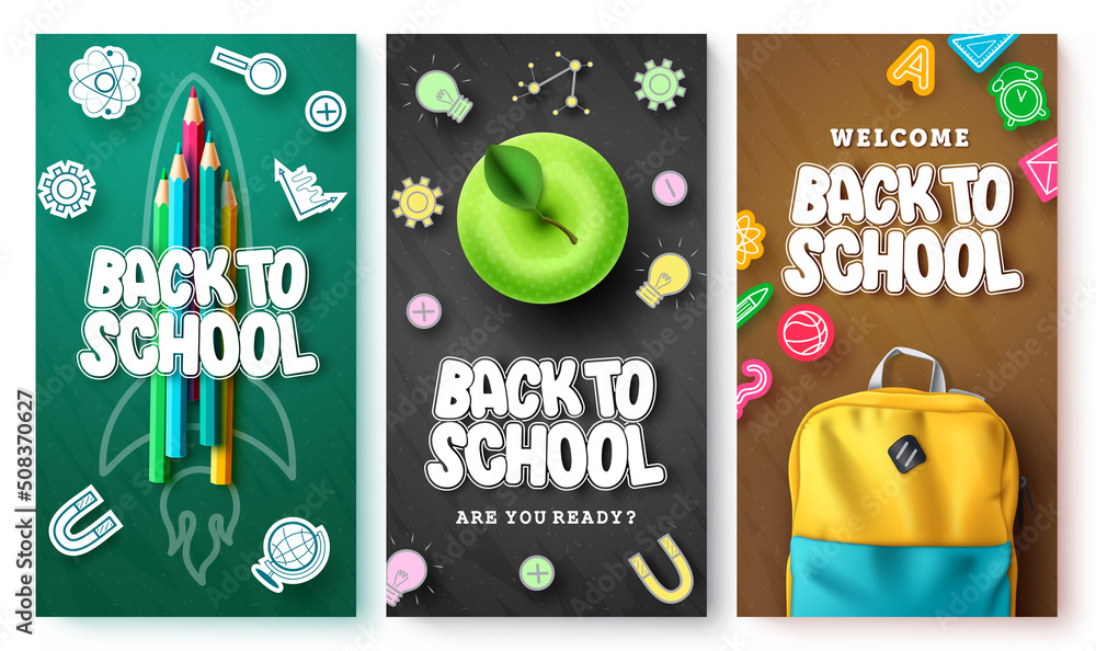Aufkleber back to school vector poster set. back to school text with learning icons and bag elements in colorf