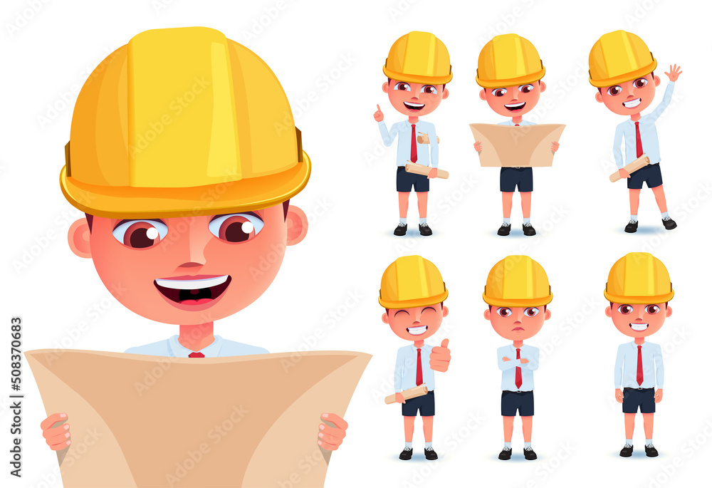 Poster boy students vector character set. boys engineers character with hard hat and blueprint layout isola