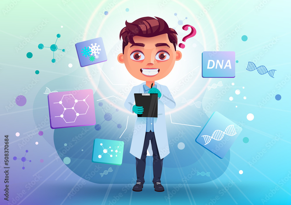Poster kid scientist vector character design. boy character in lab coat holding checklist with science know