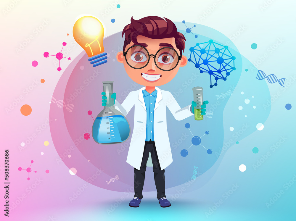 Poster student scientist vector character. boy character with beaker and science logo icons in lab coat and