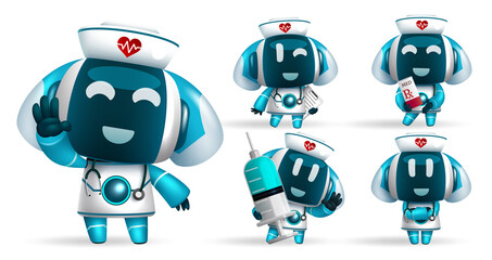 Robotic ai nurse vector set design. Robots animal characters in friendly faces and gesture for medic assistant robot collection. Vector illustration.
