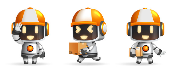 Robotic character vector set design. Robot characters with helmet and boxes in standing and holding gestures for ai delivery robots collection. Vector illustration.
