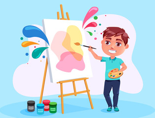 Artistic kid vector character design. Boy artist in happy painting gesture with colorful abstract decoration for creative male person. Vector illustration.
