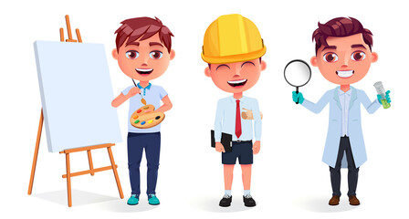 Student kids vector character set. Boy characters in lab coat, hard hat and painting isolated in white background for male kid profession collection design. Vector illustration.
