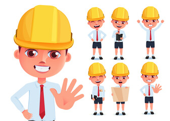 Boy students vector character set. Kid engineers character in happy, friendly and jolly facial expression with hard hat for male profession collection. Vector illustration.
