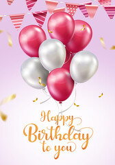 Birthday greeting vector concept design. Happy birthday to you text with pink floating balloon bunch, confetti and pennants elements for party decoration. Vector illustration.
